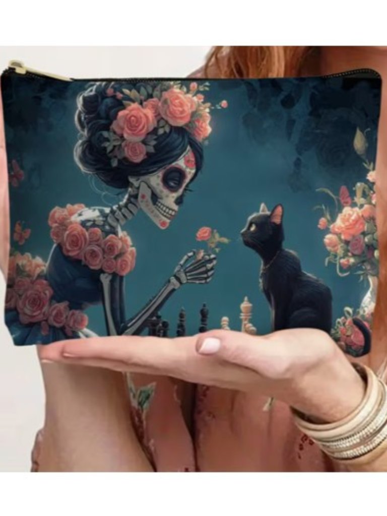 “Dia De Los Muertos Day Of The Dead Skeleton W/Black Cat” Cosmetic Bag (New!)